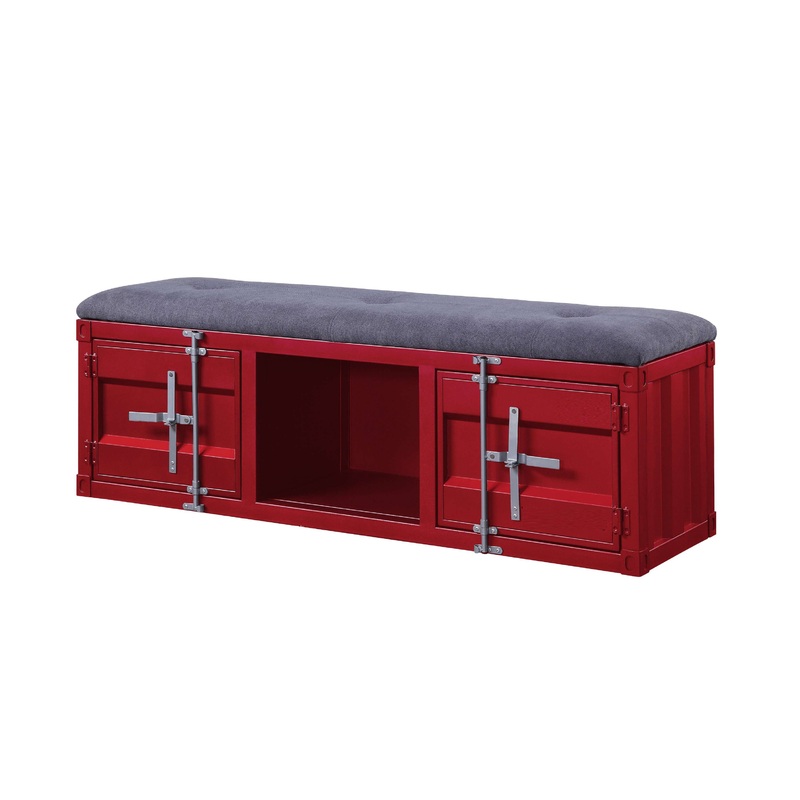 2 Metal Door Storage Bench With Open Compartment And Fabric Upholstery, Red By Benzara