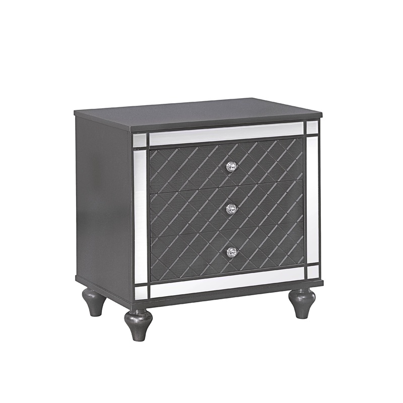 3 Drawer Wooden Nightstand With Diamond Pattern And Mirror Inlay, Gray - Bm215361 By Benzara