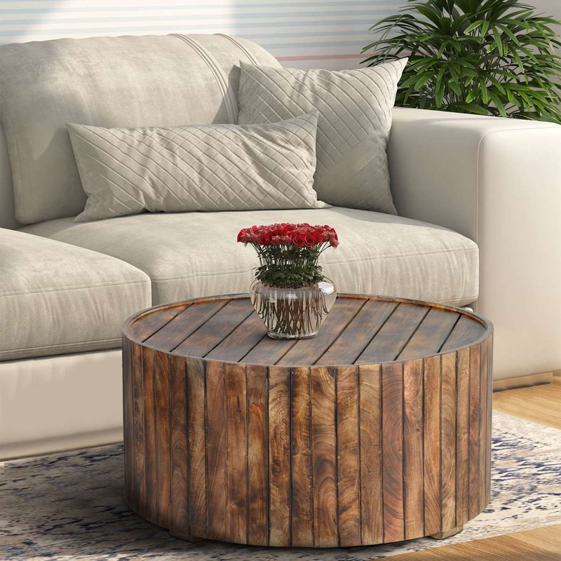 34 Inch Handmade Wooden Round Coffee Table With Plank Design, Burned Brown By Benzara