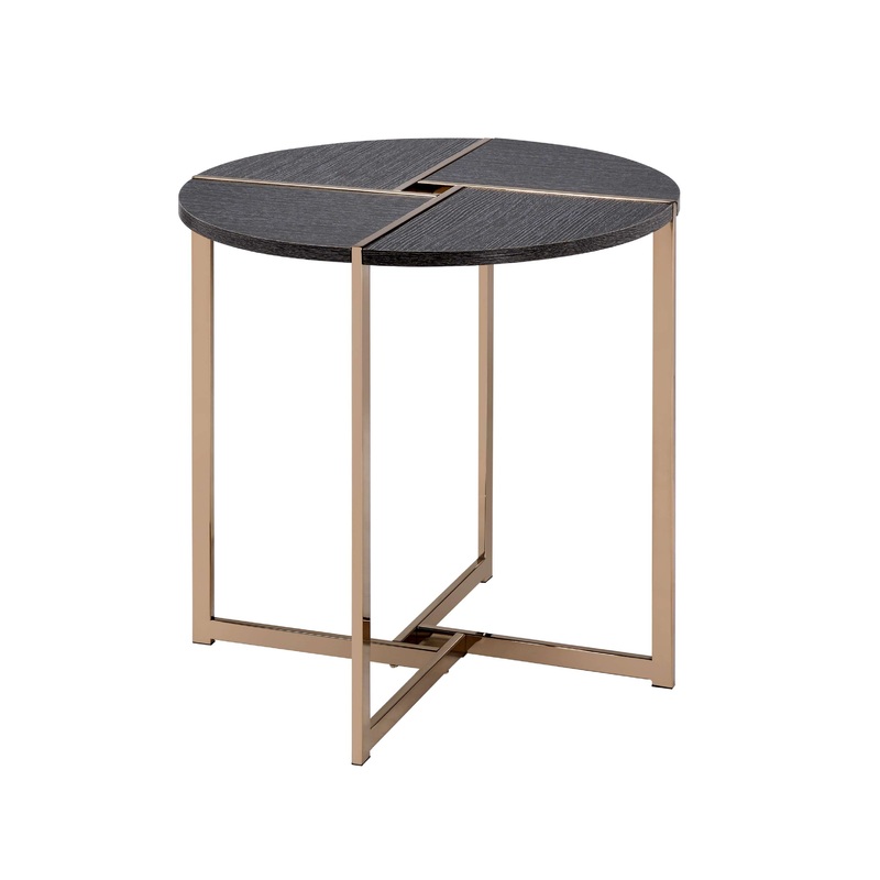 End Table With X Shaped Metal Base And Round Wooden Top, Gold And Gray By Benzara