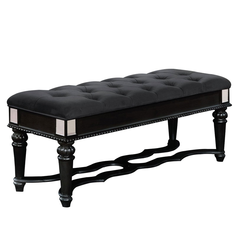 Fabric Padded Bench With Deep Button Tufting And Straight Legs, Black By Benzara