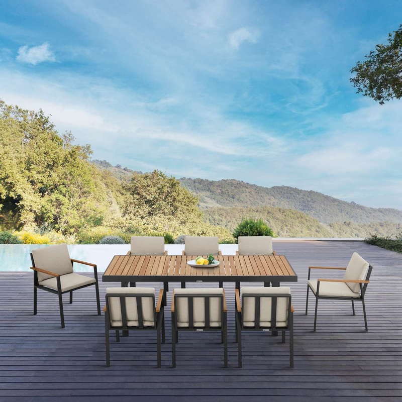 Nofi Outdoor Patio 9 Piece Dining Set in Charcoal Finish with Taupe Cushions By Armen Living