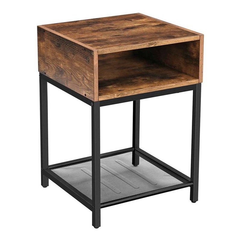 Wood And Metal Frame Nightstand With Mesh Shelf, Brown And Black By Benzara