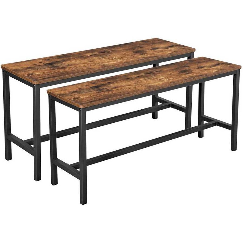Wooden Top Indoor Bench With Metal Legs, Set Of 2, Rustic Brown And Black By Benzara