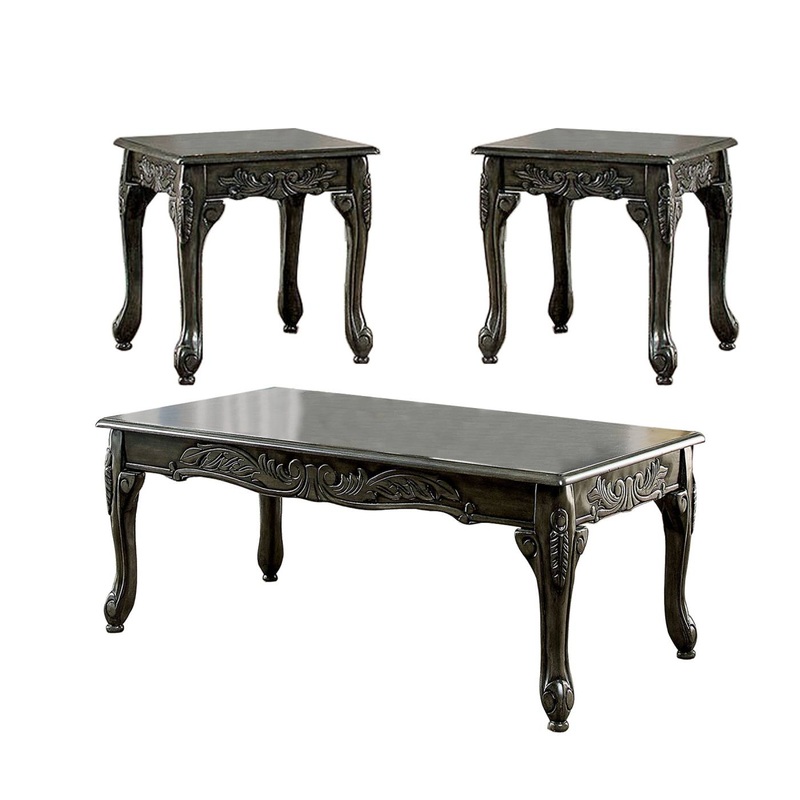 3 Piece Table Set With Cabriole Legs And Wooden Floral Motifs, Gray By Benzara