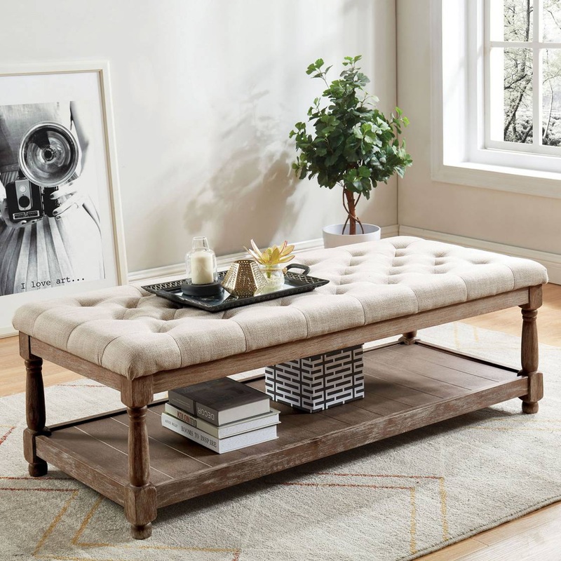 Button Tufted Fabric Upholstered Bench With Bottom Shelf, Beige And Brown By Benzara