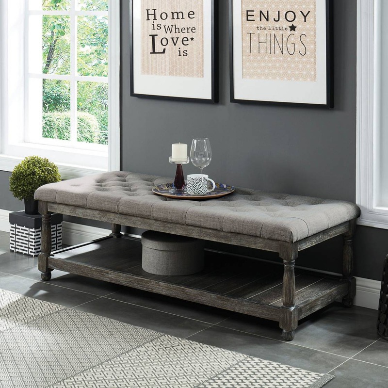 Fabric Upholstered Bench With Button Tufted Seat And Bottom Shelf, Gray By Benzara