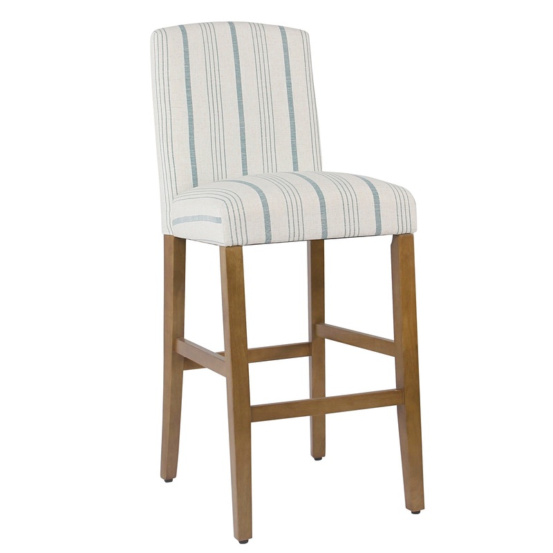 Fabric Upholstered Wooden Barstool With Striped Cushioned Seat, White And Blue By Benzara