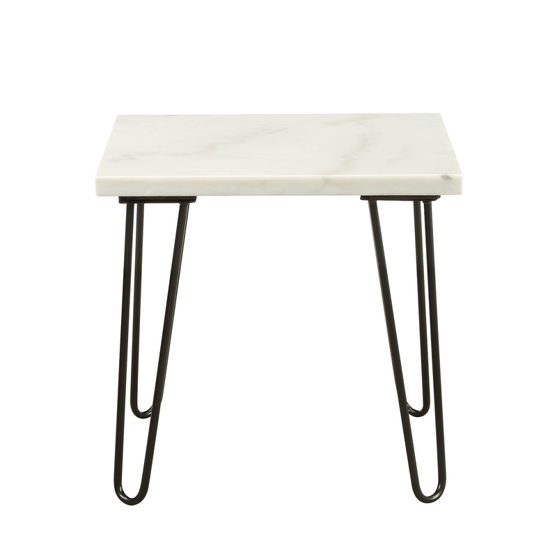 Marble Top End Table With Metal Hairpin Legs, White And Black By Benzara