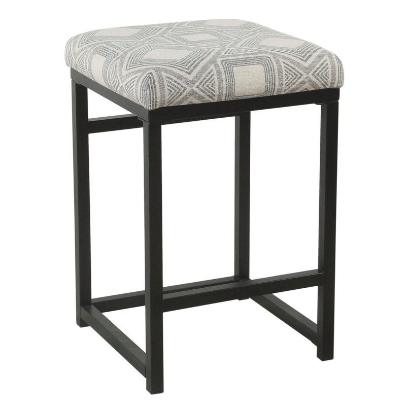 Metal Counter Stool With Geometric Pattern Fabric Upholstered Seat, Gray And Black By Benzara
