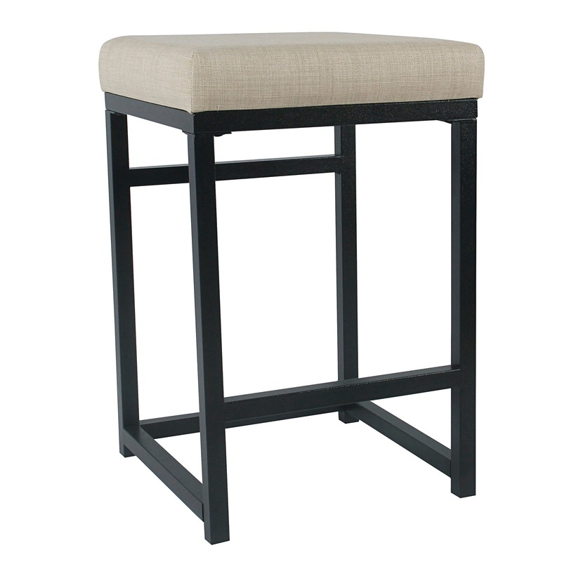 Open Back Metal Counter Stool With Fabric Upholstered Padded Seat, Beige And Black By Benzara