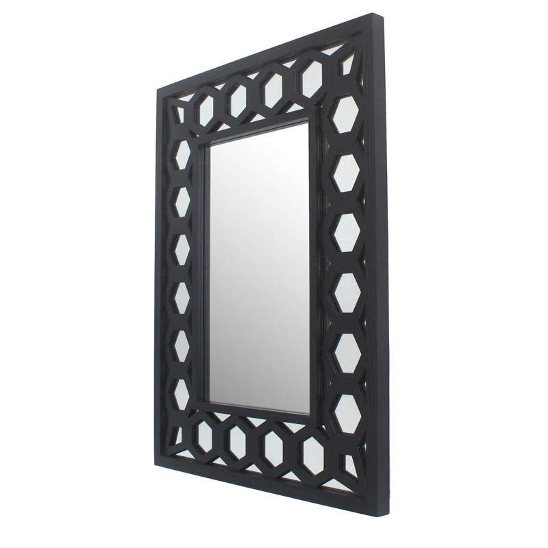 Rectangular Wooden Dressing Mirror With Lattice Pattern Design, Black By Benzara