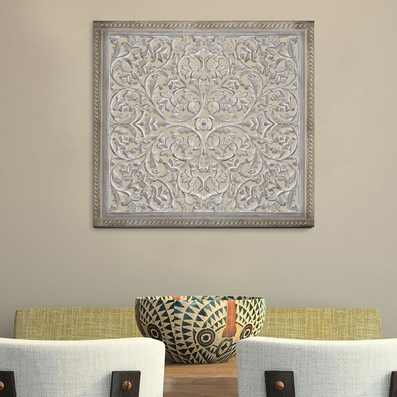 Square Shape Wooden Wall Panel With Cutout Sprig Pattern, Distressed White By Benzara
