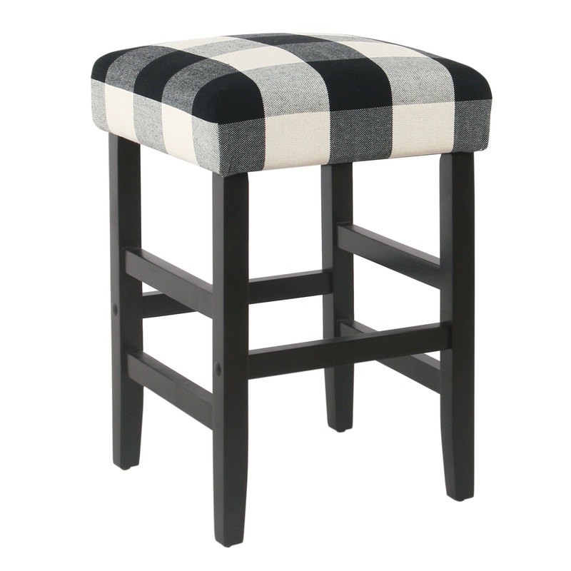 Square Wooden Counter Stool With Buffalo Plaid Fabric Upholstered Seat, Black And White By Benzara