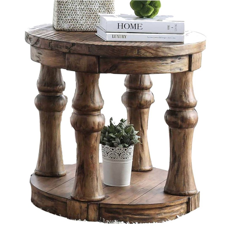 Transitional Round End Table With Open Shelf And Turned Legs,Antique Oak By Benzara
