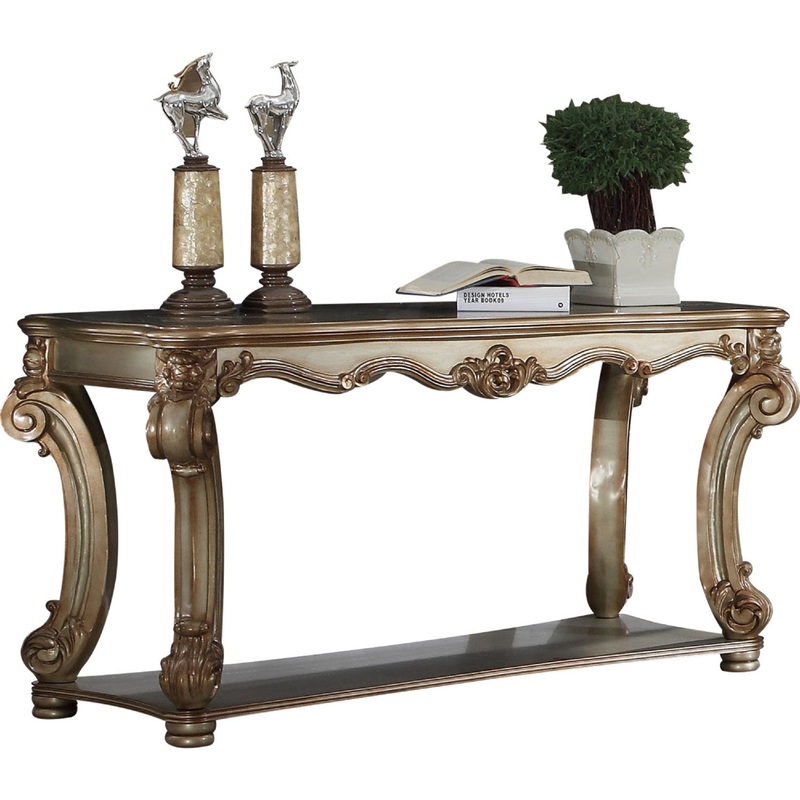 Wood Sofa Table With Bottom Shelf In Golden Brown By Benzara