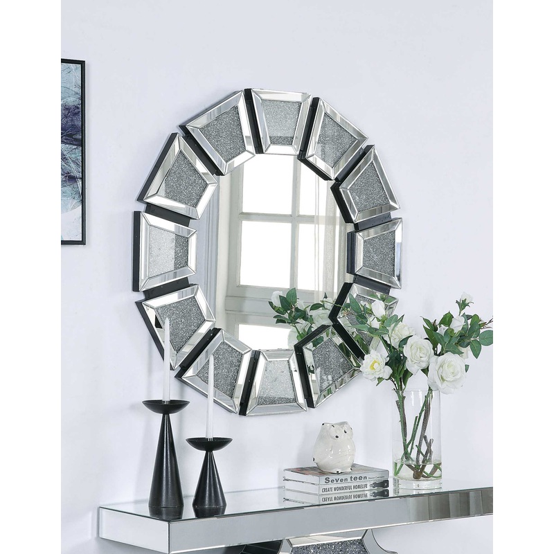 Wooden Backing Walldecor With Tapered Mirrored Panel Borders, Clear And Black By Benzara