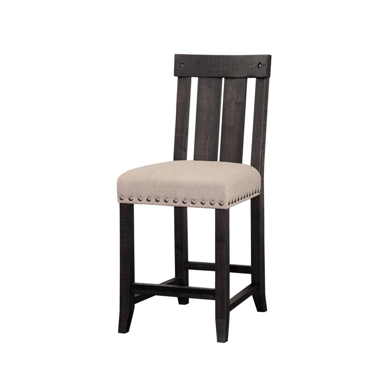 Wooden Counter Height Stool With Fabric Upholstered Seat And Slat Style Back,Set Of 2, Black & Beige By Benzara
