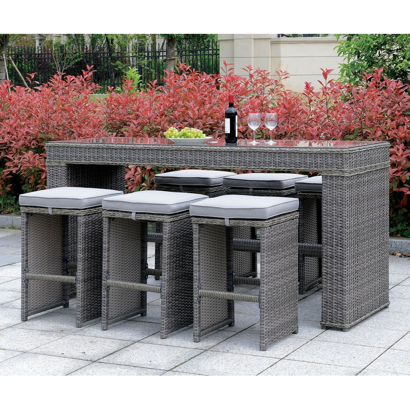 6 Piece Patio Bar Stool In Aluminum Wicker Frame And Padded Fabric Seat, Gray By Benzara