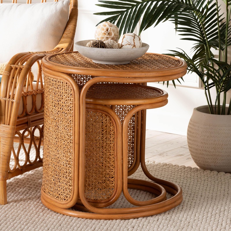 Baxton Studio bali & pari Eldon Bohemian Honey Rattan 2-Piece Nesting End Table Set