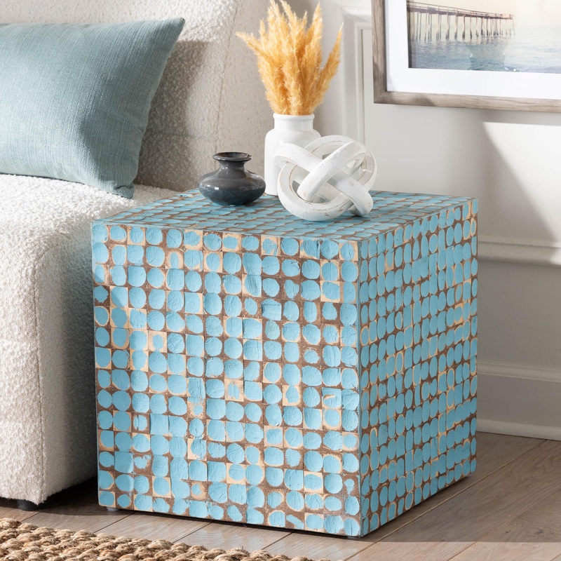 Baxton Studio bali & pari Janella Bohemian Sky Blue Coconut Shell and Acacia Wood End Table