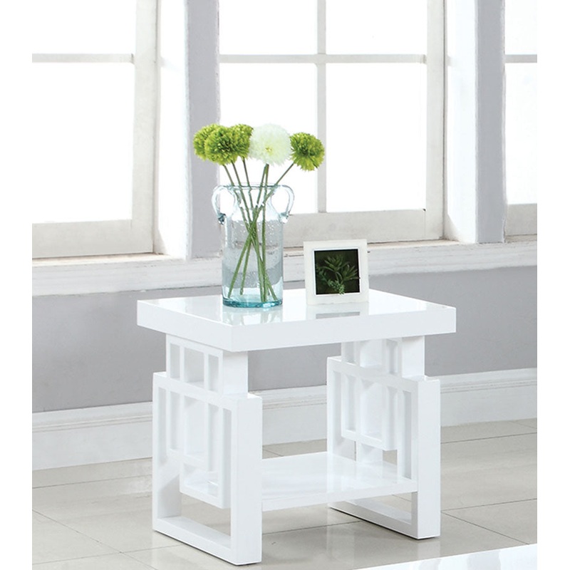 Contemporary Wooden End Table With Designer Sides & Shelf, Glossy White By Benzara