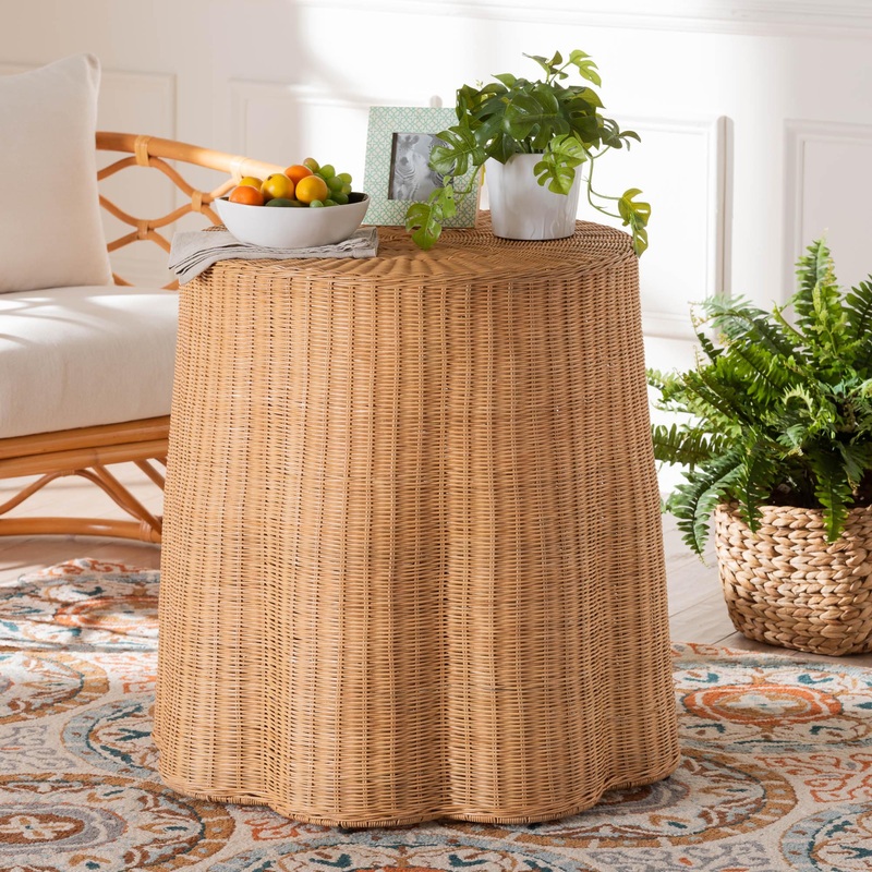 Baxton Studio bali & pari Palm Bohemian Honey Scallop Rattan End Table