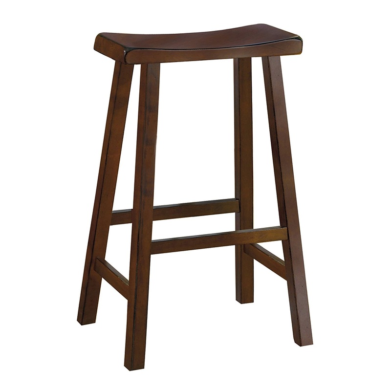 Wooden 29" Counter Height Stool With Saddle Seat, Warm Cherry Brown, Set Of 2 By Benzara