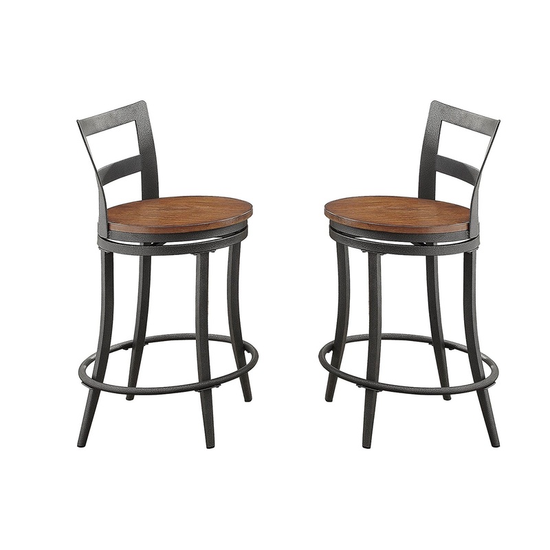 Wooden & Metal Counter Height Swivel Chair, Gray & Brown, Set Of 2 By Benzara