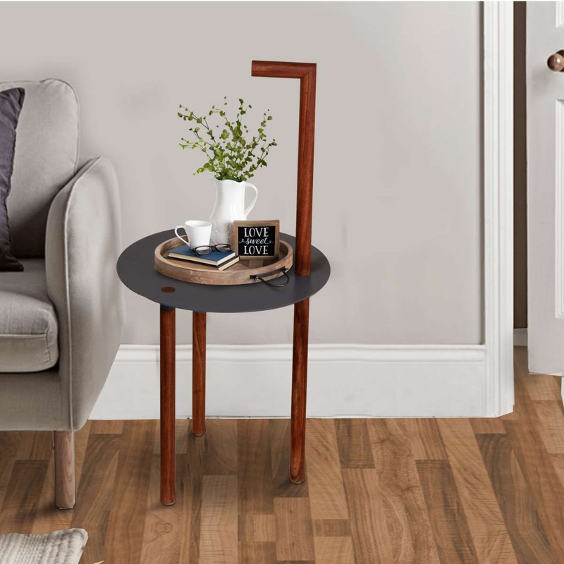 29 Inches Round Metal Top End Table With Inbuilt Wooden Pole, Brown And Black By Benzara