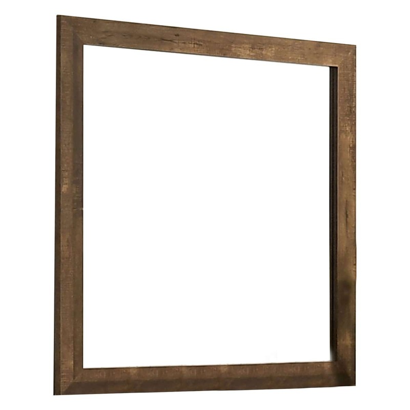 39 Inch Square Wooden Frame Rustic Mirror, Walnut By Benzara