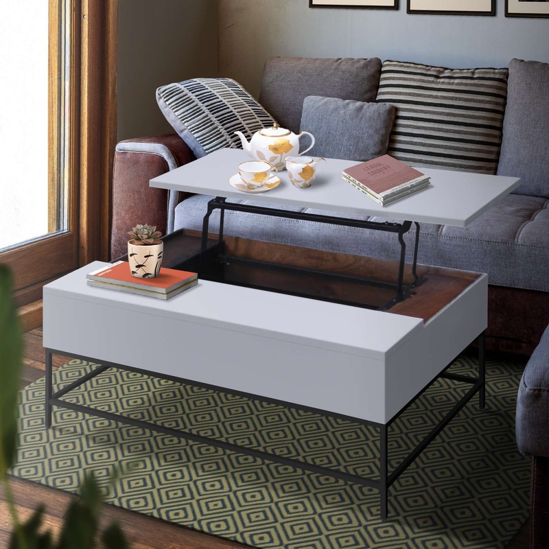 46 Inch Lift Top Storage Mango Wood Coffee Table With Tubular Metal Base,Gray And Black By Benzara
