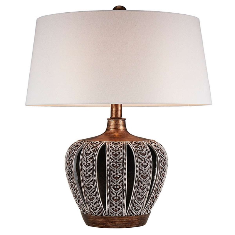 Table Lamp With Curved Paneled Polyresin Base, Bronze By Benzara