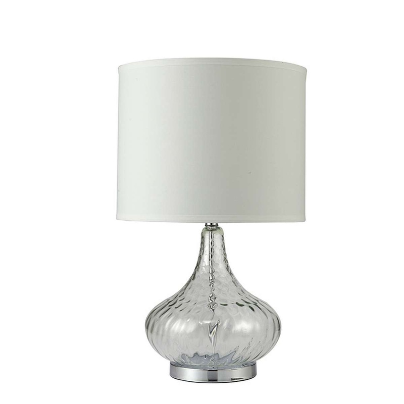 Table Lamp With Pot Bellied Glass Body, Clear And White By Benzara