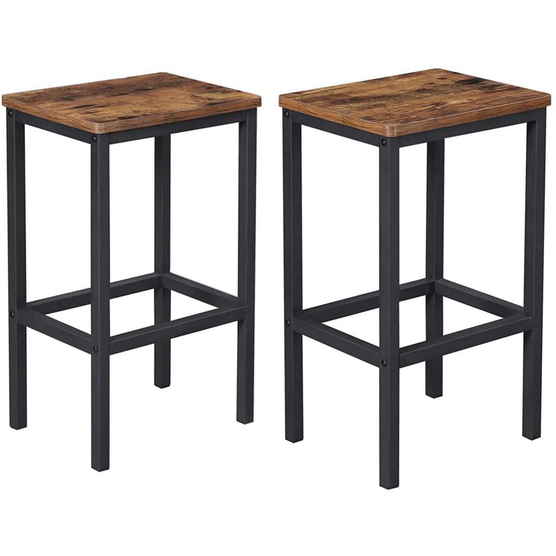 25.6 Inches Bar Stool With Wooden Seat, Set Of 2, Brown And Black By Benzara