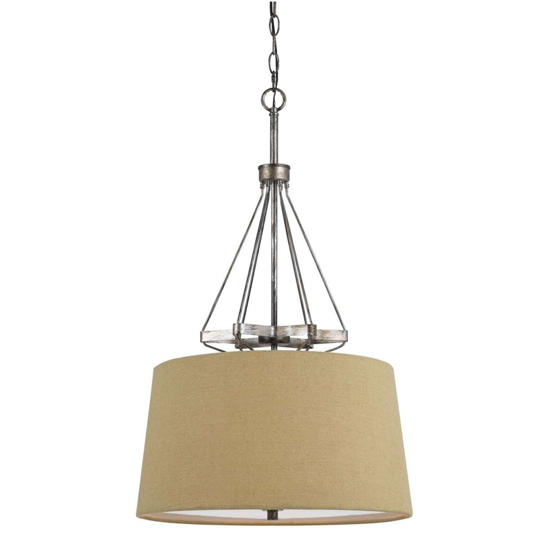 3 Bulb Pendent With Round Burlap Shade And Metal Frame, Beige By Benzara