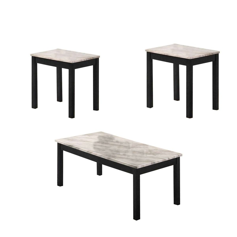 3 Piece Coffee Table And End Table With Faux Marble Top, Black And White By Benzara
