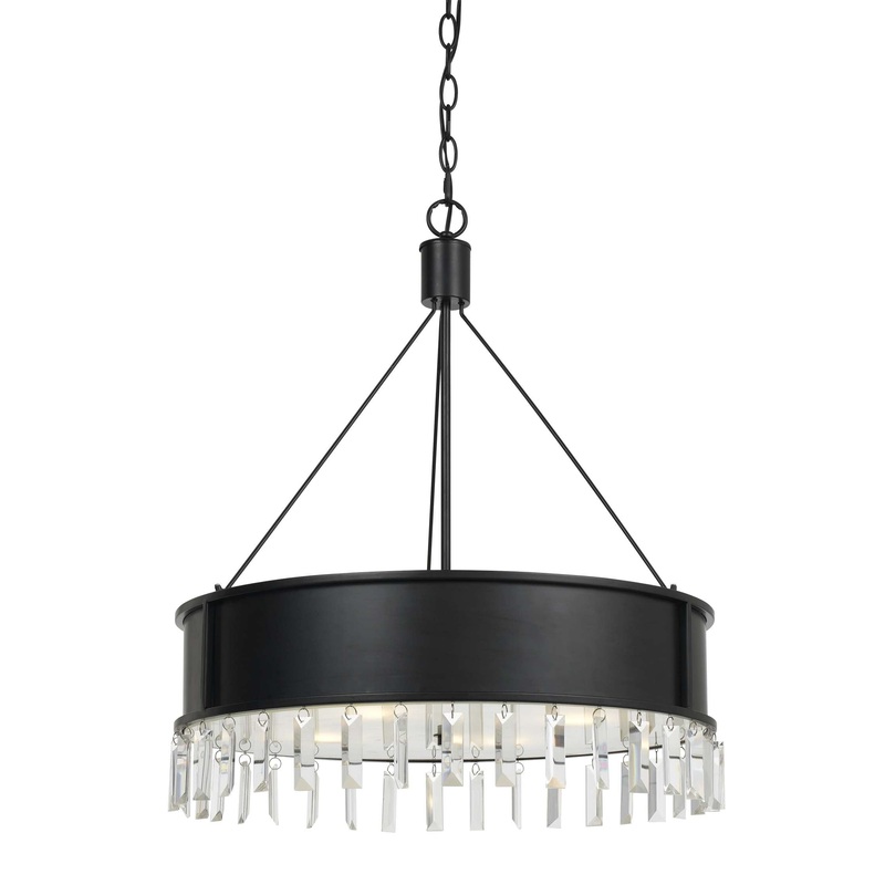 4 Bulb Round Metal Body Chandelier With Hanging Crystal Accents, Black By Benzara