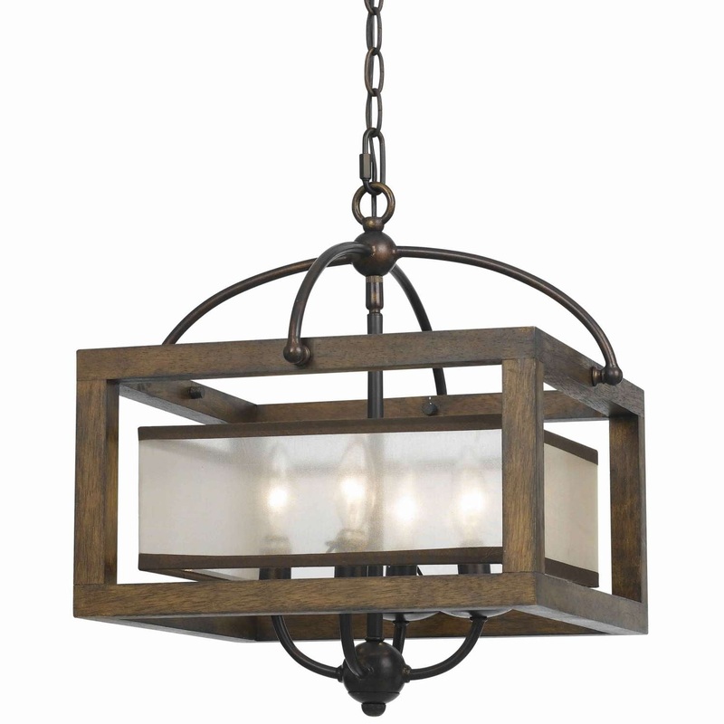 4 Bulb Semi Flush Pendant With Wooden Frame And Organza Striped Shade,Brown By Benzara