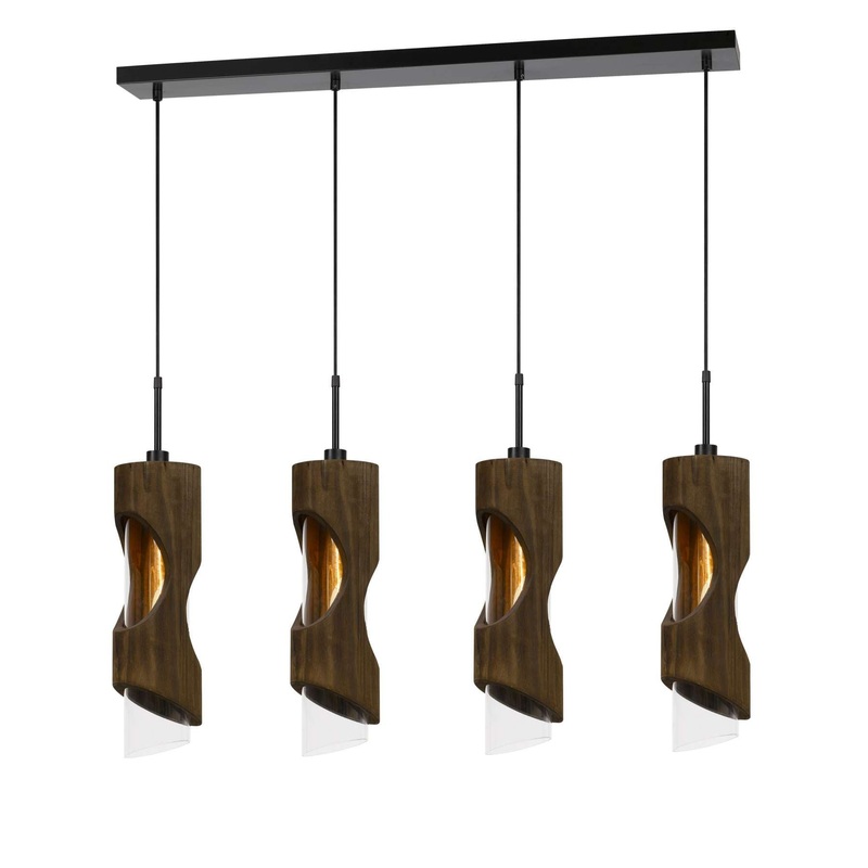 4 Light Metal Frame Pendant Fixture With Wooden And Glass Shades, Brown By Benzara