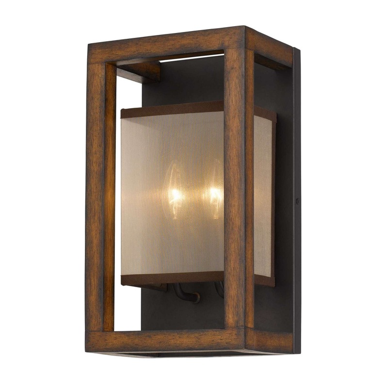 40 X 2 Watt Wooden Wall Sconce With Organza Shade, Walnut Brown By Benzara