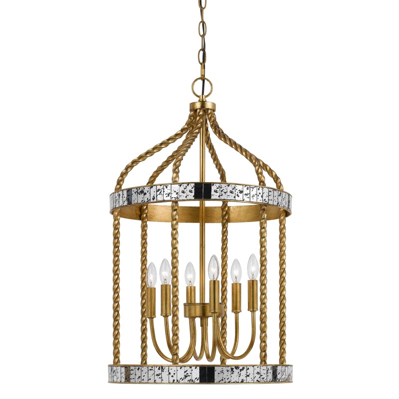 40 X 6 Watt Twisted Metal Frame Pendant With Mirror Accent, Gold By Benzara