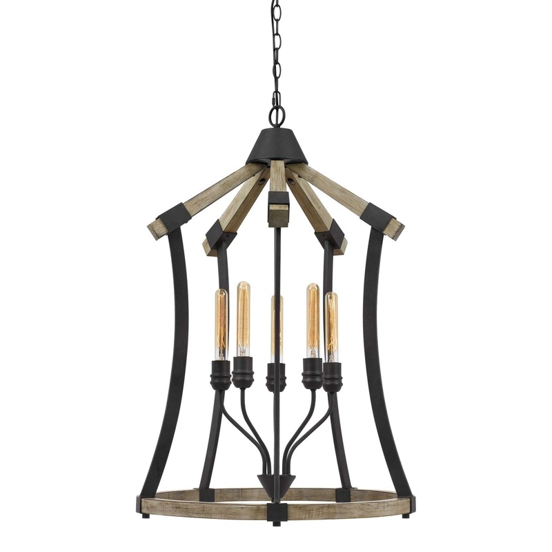 5 Bulb Pendant Fixture With Wooden And Metal Frame, Brown And Black By Benzara