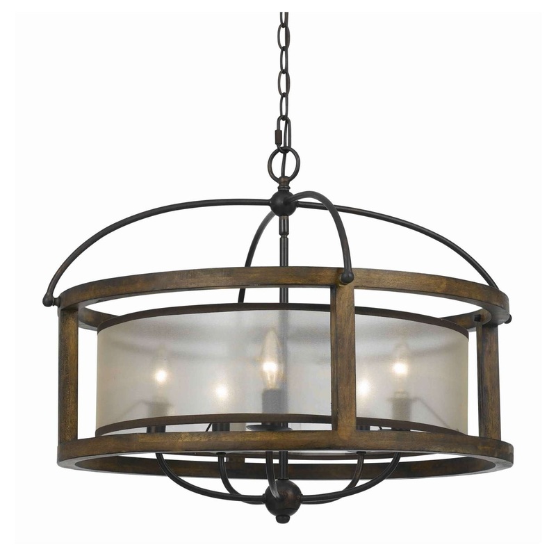 5 Bulb Round Chandelier With Wooden Frame And Organza Striped Shade, Brown By Benzara