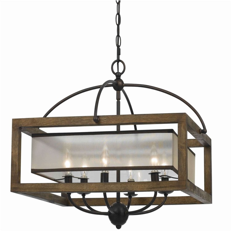 6 Bulb Square Chandelier With Wooden Frame And Organza Striped Shade, Brown By Benzara