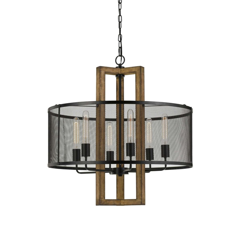 60 X 6 Wooden Chandelier With Round Metal Mesh Shade, Black And Brown By Benzara