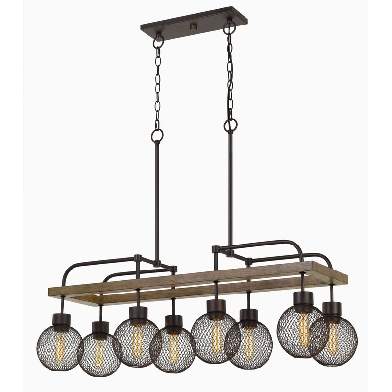8 Bulb Chandelier With Wooden Frame And Metal Orb Shades, Brown And Black By Benzara