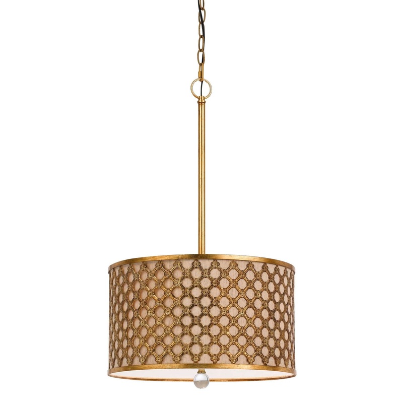 Fabric And Metal Pendant With Geometric And Embossed Floral Design, Gold By Benzara