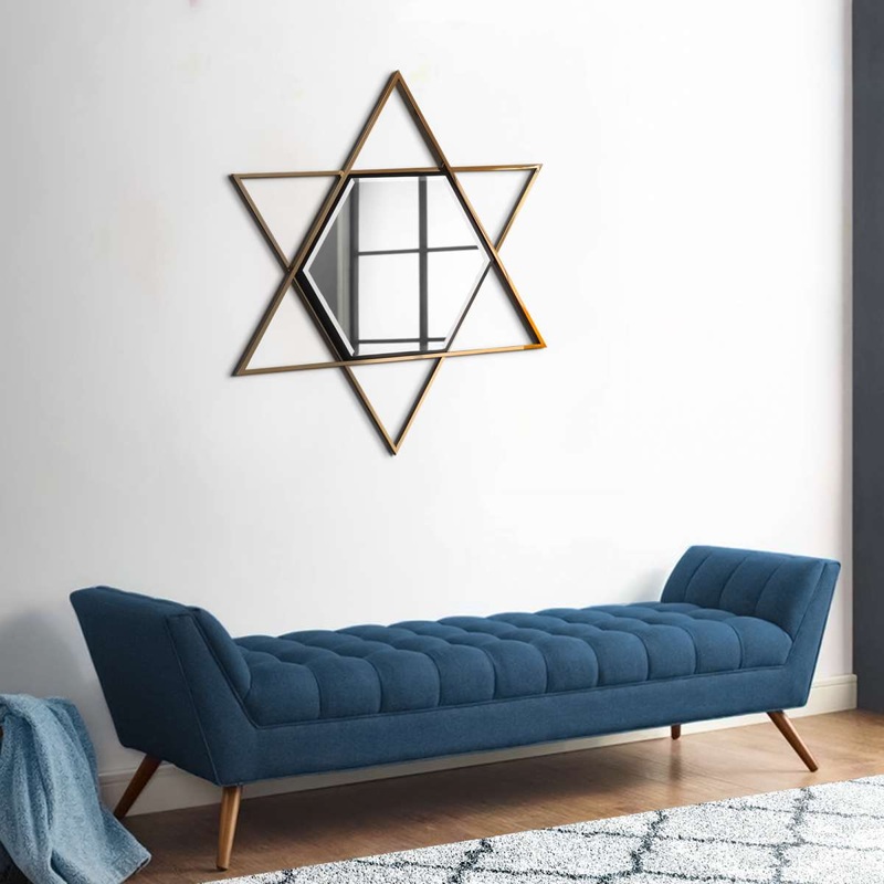 Hexagon Shaped Wall Mirror With Star Frame, Champagne Gold By Benzara