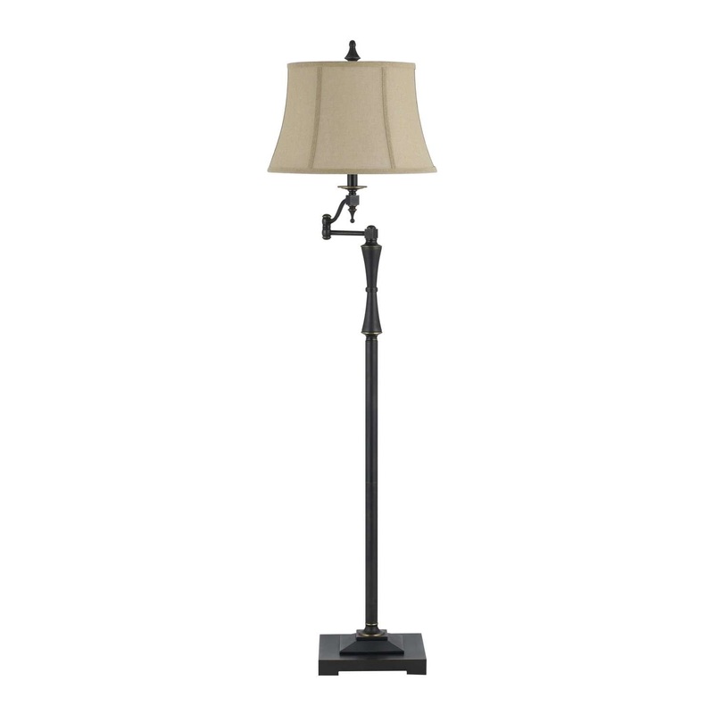 Metal Body Floor Lamp With Fabric Tapered Bell Shade, Beige And Black By Benzara